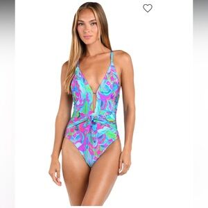 SUNSHINE 79
Plunge One Piece Swimsuit Vibrant Blue and Pink Sz 8